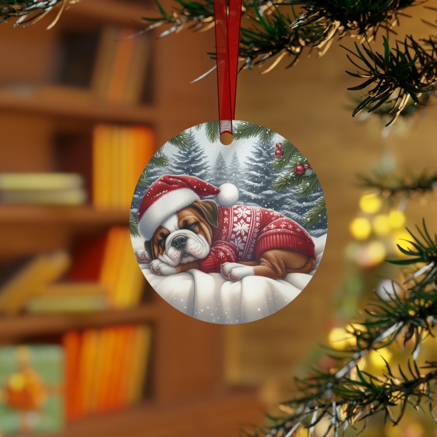 Sleeping Bulldog Christmas Ornament – Metal Holiday Dog Decor