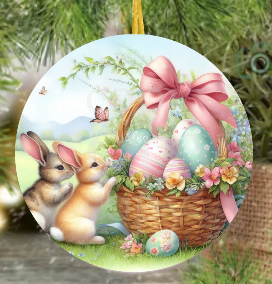 Easter Two Bunny Egg Basket Ornament