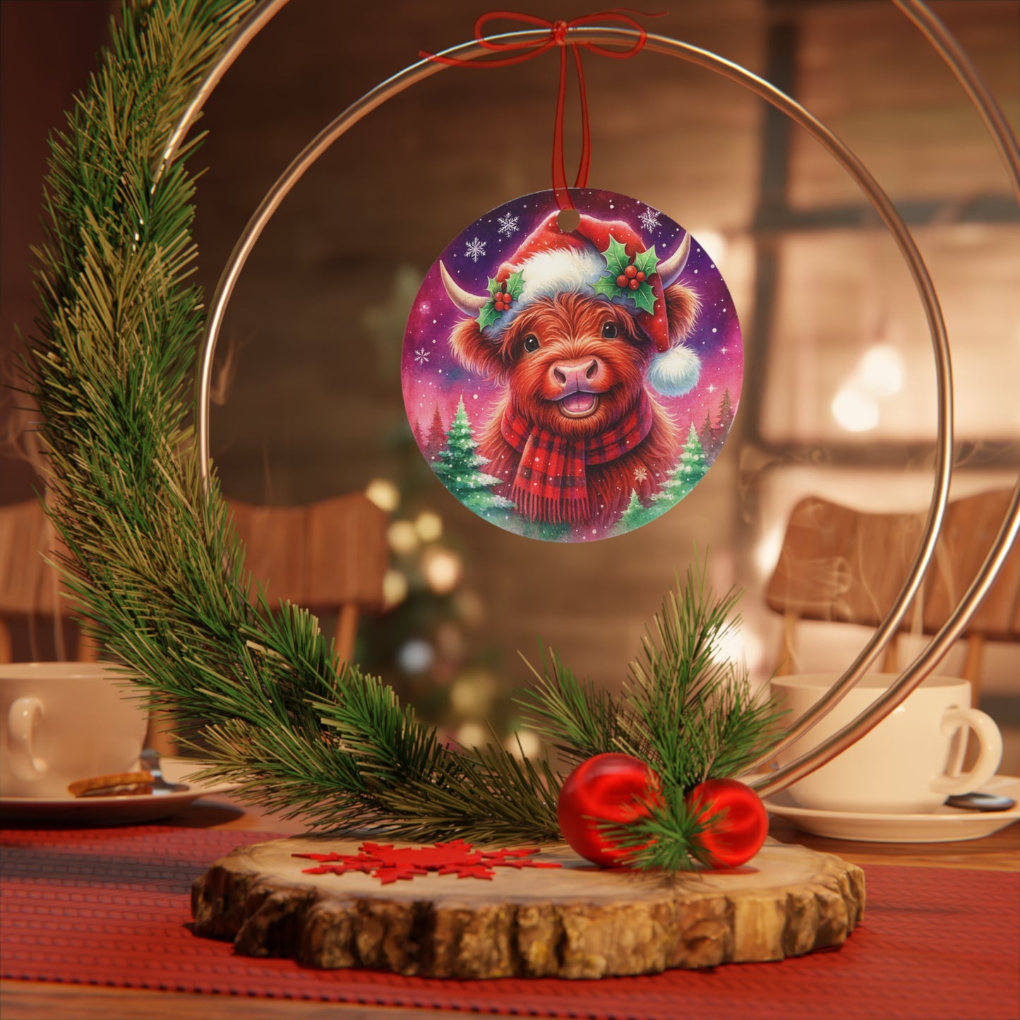 Highland Cow Christmas Ornament – Cute Metal Farmhouse Holiday Decor Gift