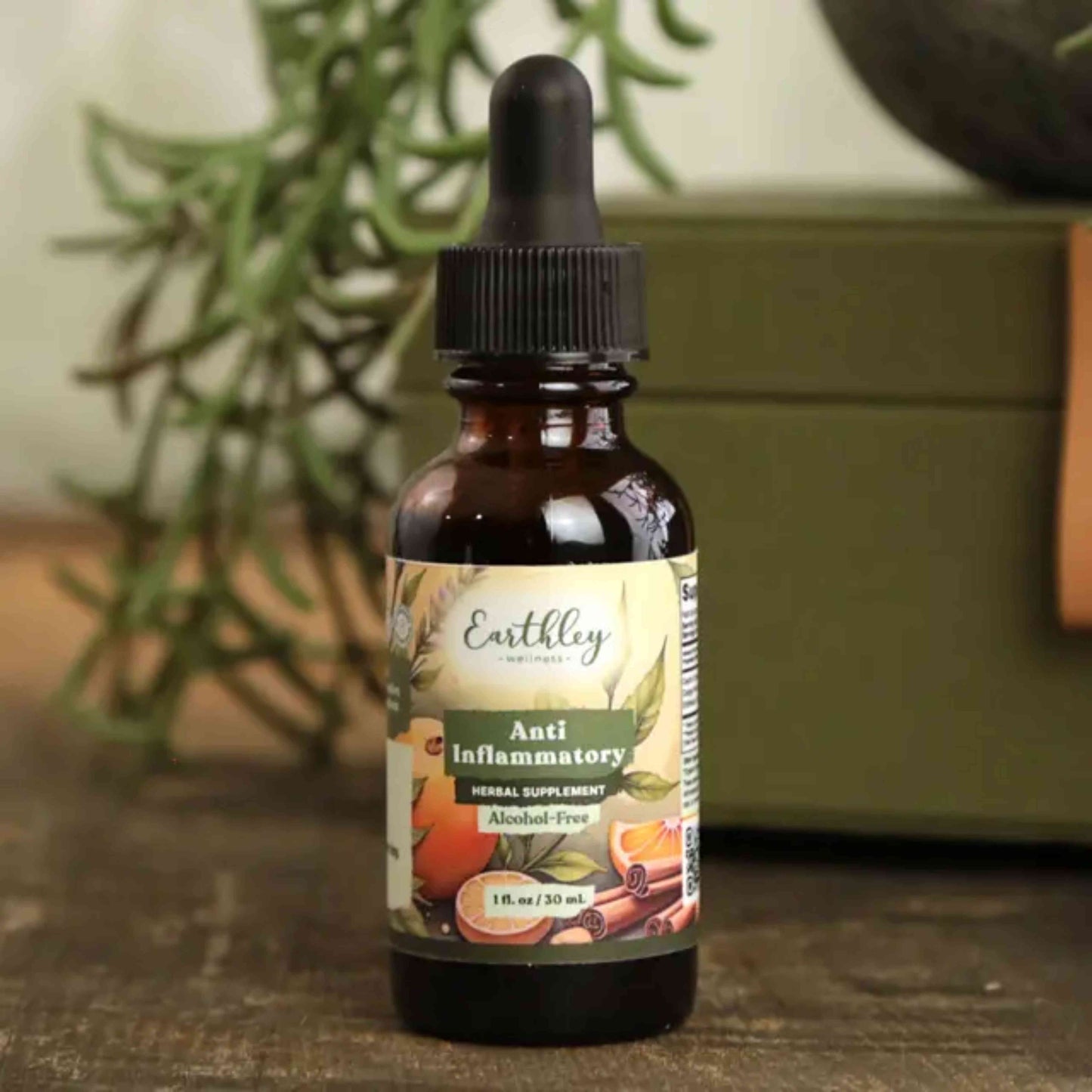 Earthley Anti-Inflammatory Herbal Tincture – natural alcohol-free liquid supplement with turmeric, cinnamon, and cloves for inflammation, pain relief, and joint support.