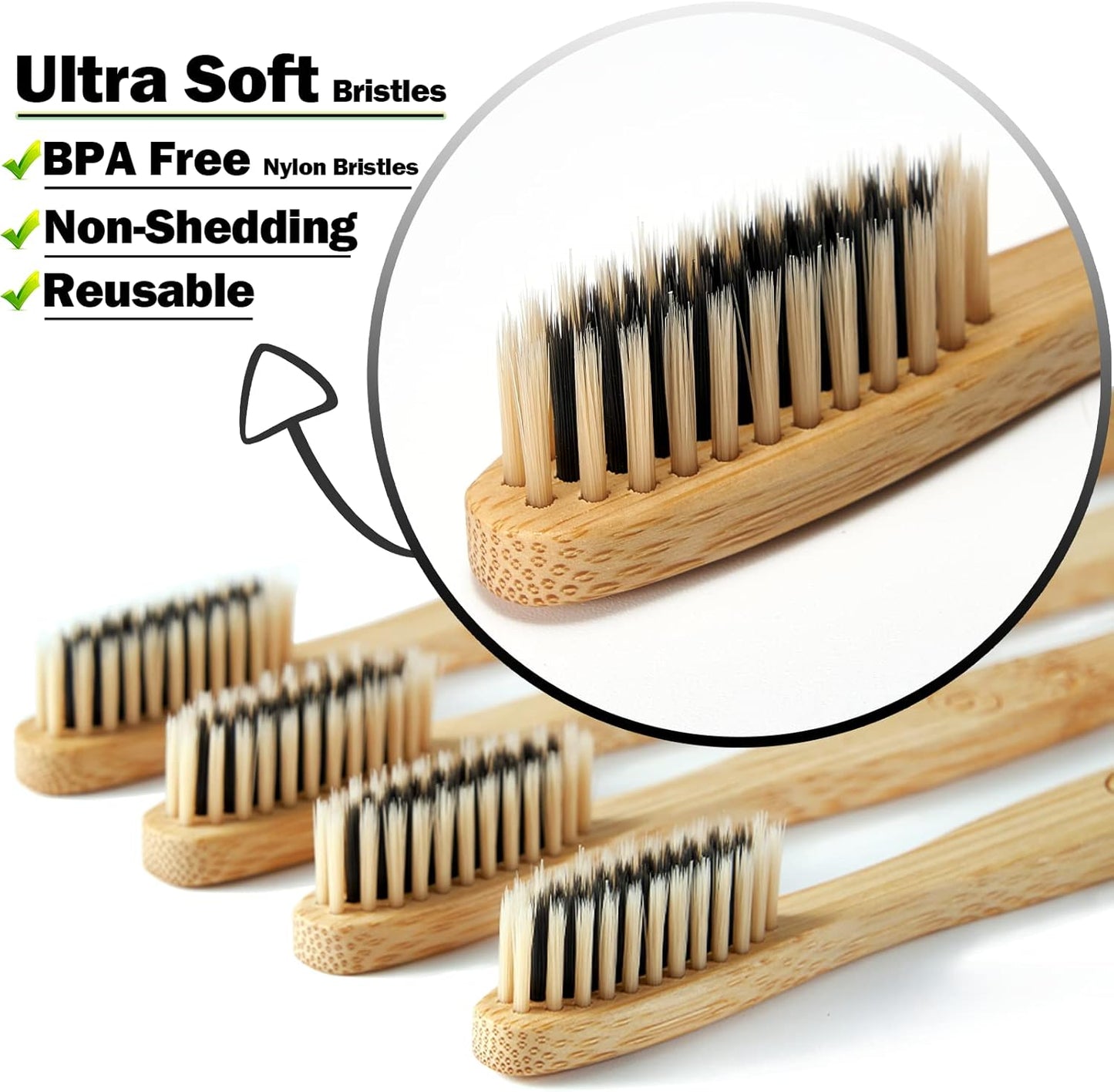 Set of bamboo toothbrushes with ultra soft bristles on a white background, featuring text highlighting features like BPA-free and non-shedding.