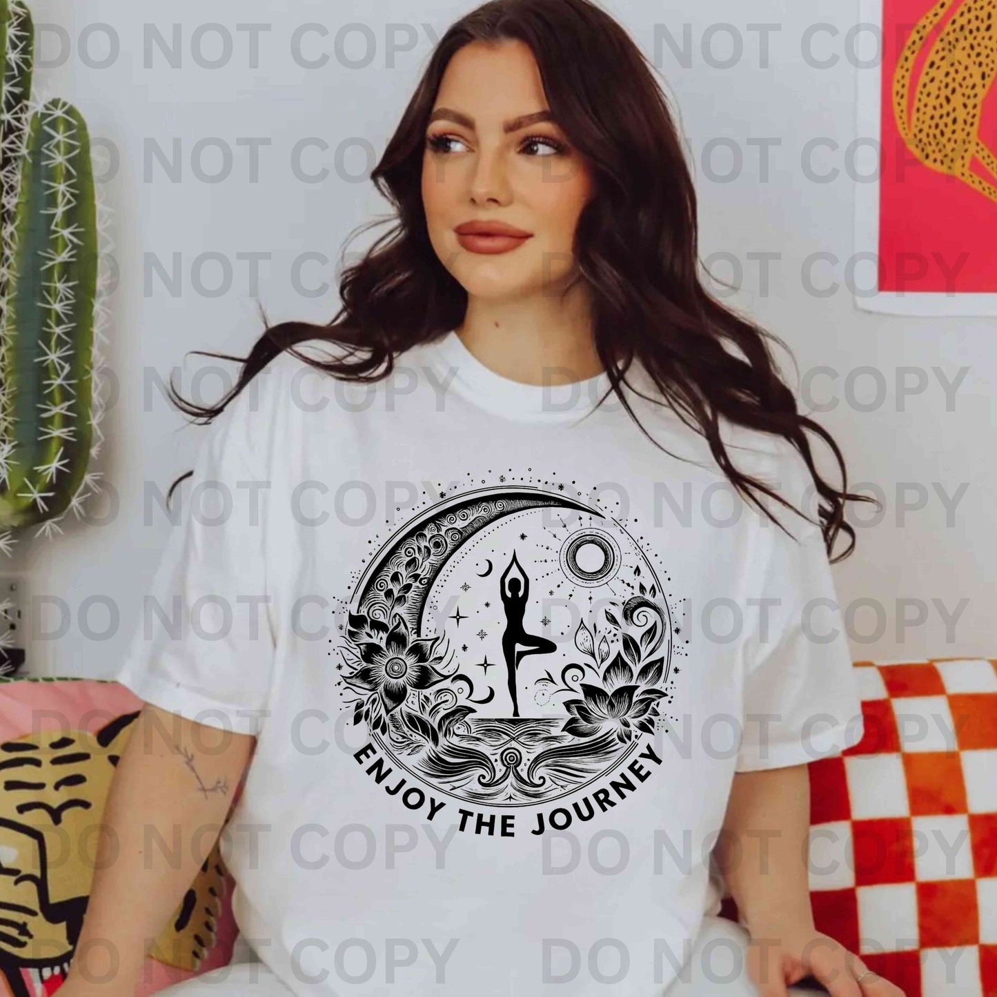 “Boho yoga t-shirt with moon and lotus flower design and woman in tree pose — Enjoy The Journey spiritual mindfulness tee for women