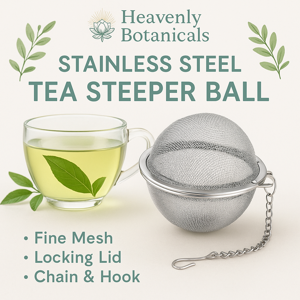 Stainless steel tea steeper ball with a cup of tea and leaves on a white background, branded as Heavenly Botanicals.