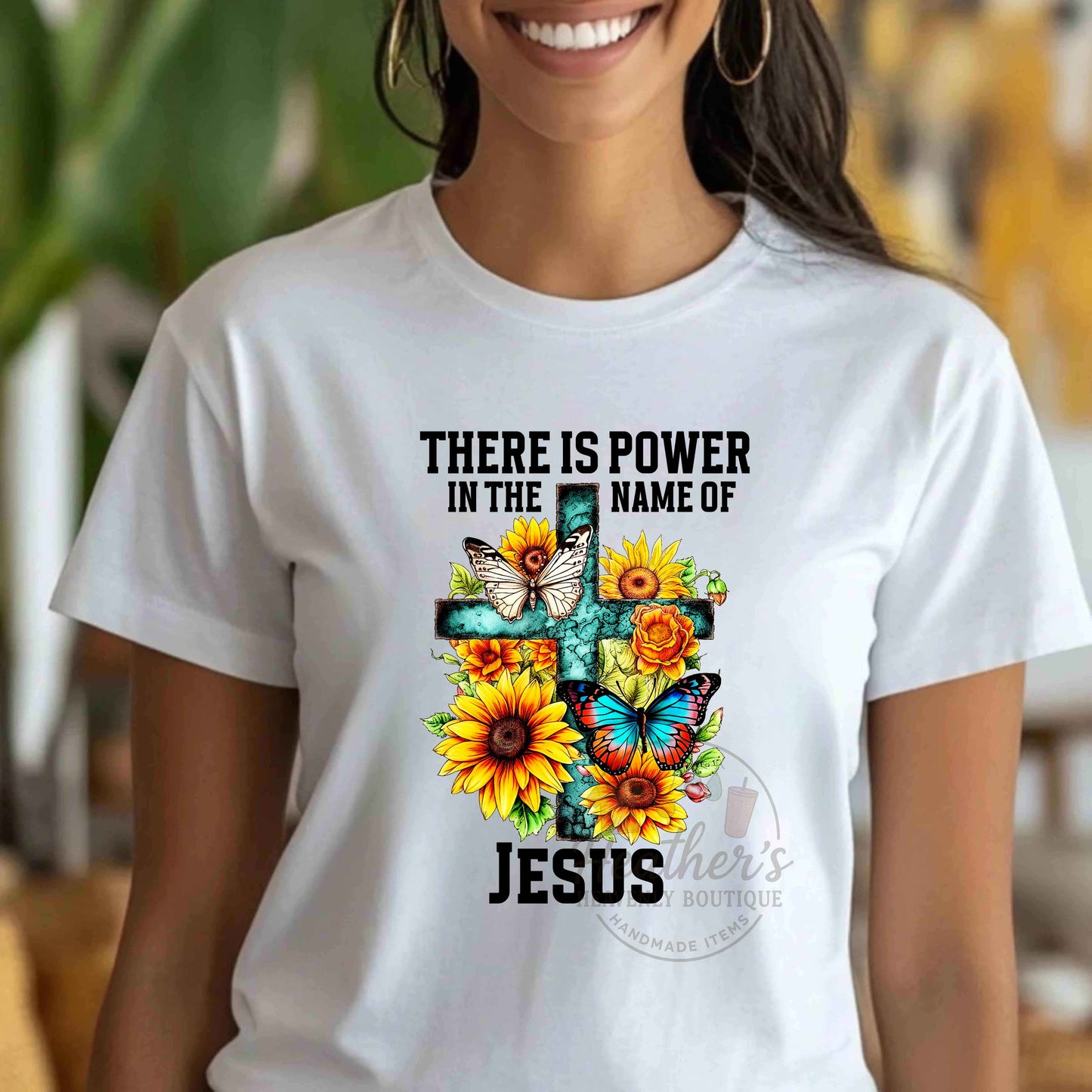 There is Power in the Name of Jesus blue cross with butterfly white T-shirt