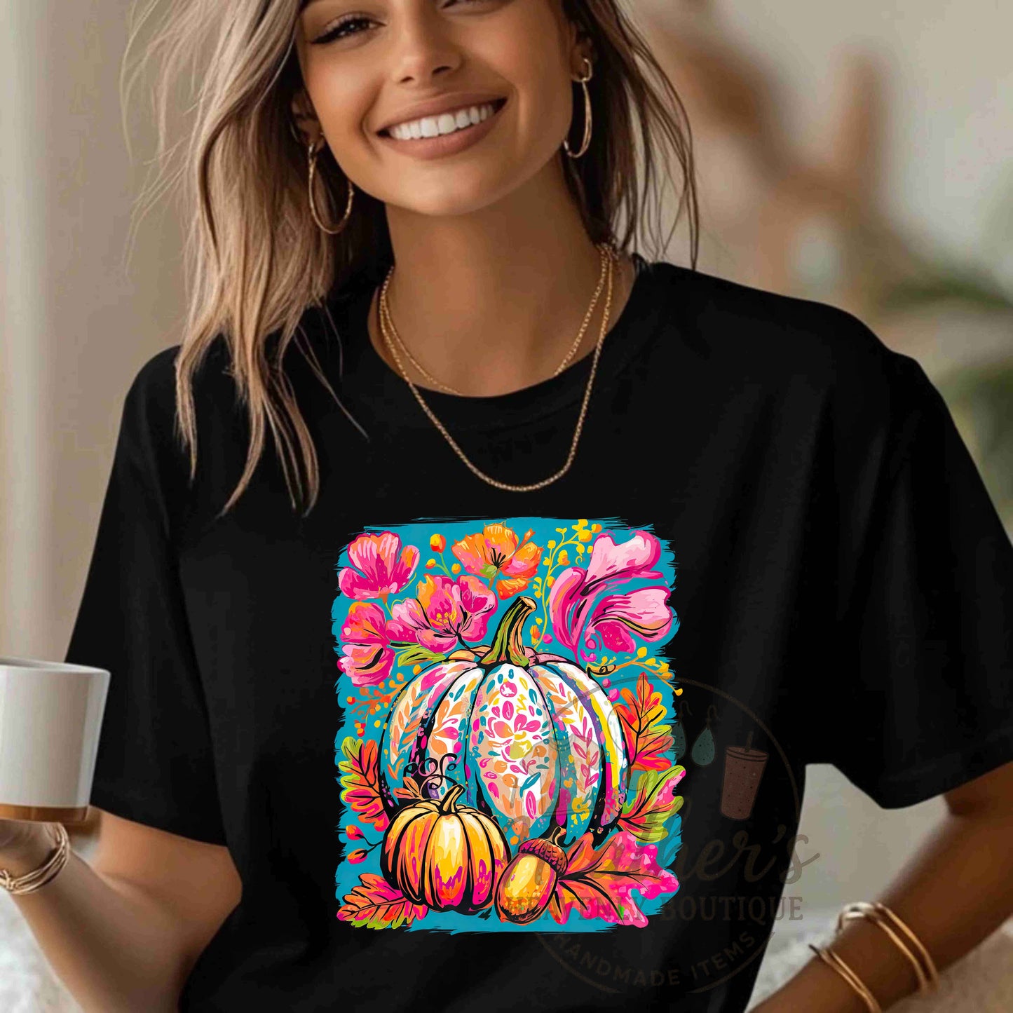 Blue Floral Pumpkin Fall T-Shirt