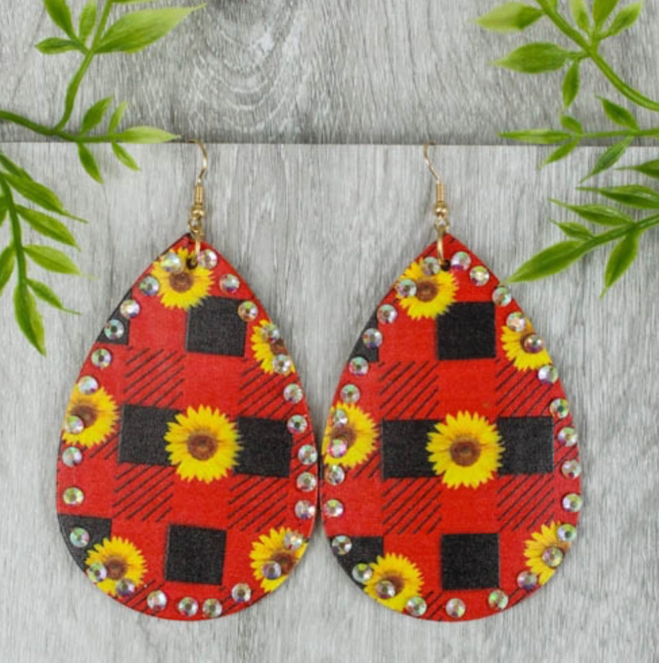 Sunflower Rhinestone Teardrop Red Plaid Earrings - Heather's Heavenly Boutique