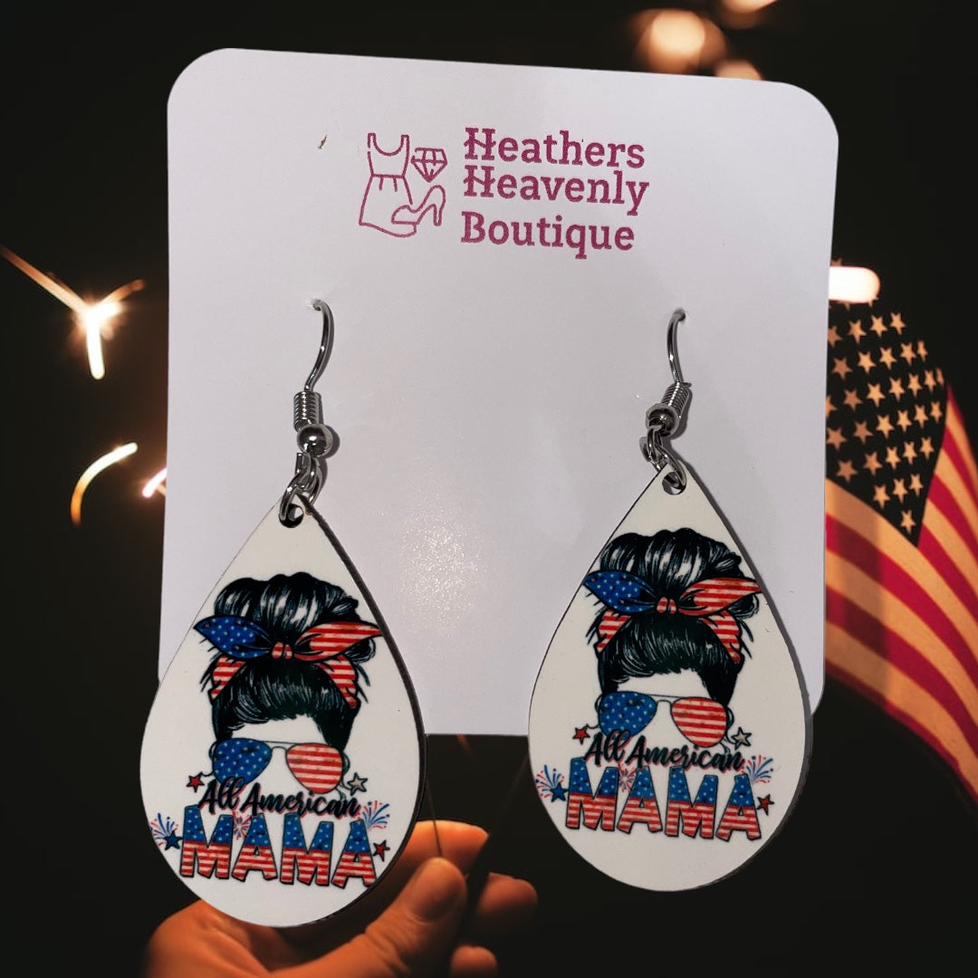 Handmade Sublimation American Patriotic Mom Teardrop Earrings