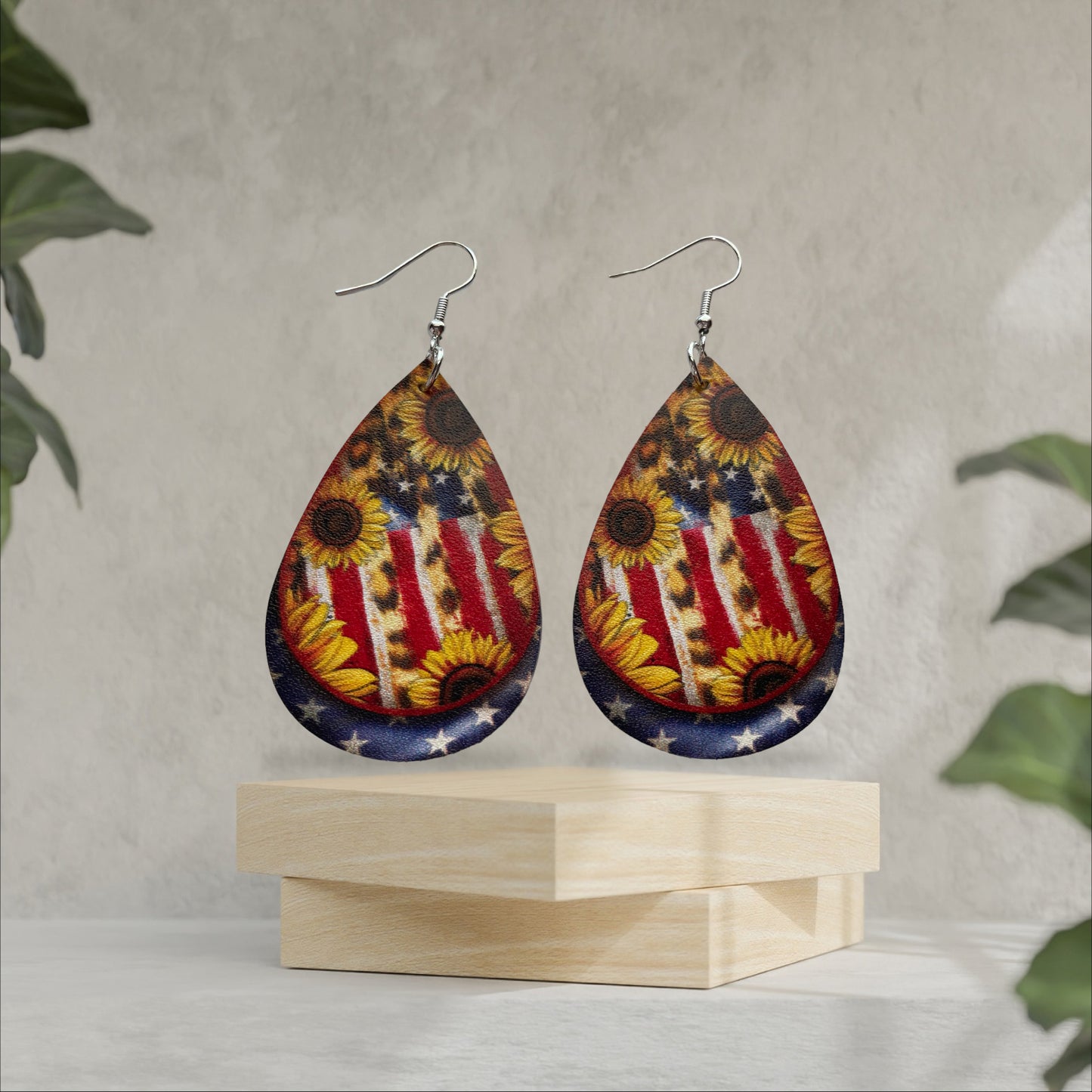 American Patriotic Teardrop Leopard and Sunflower Print Earrings