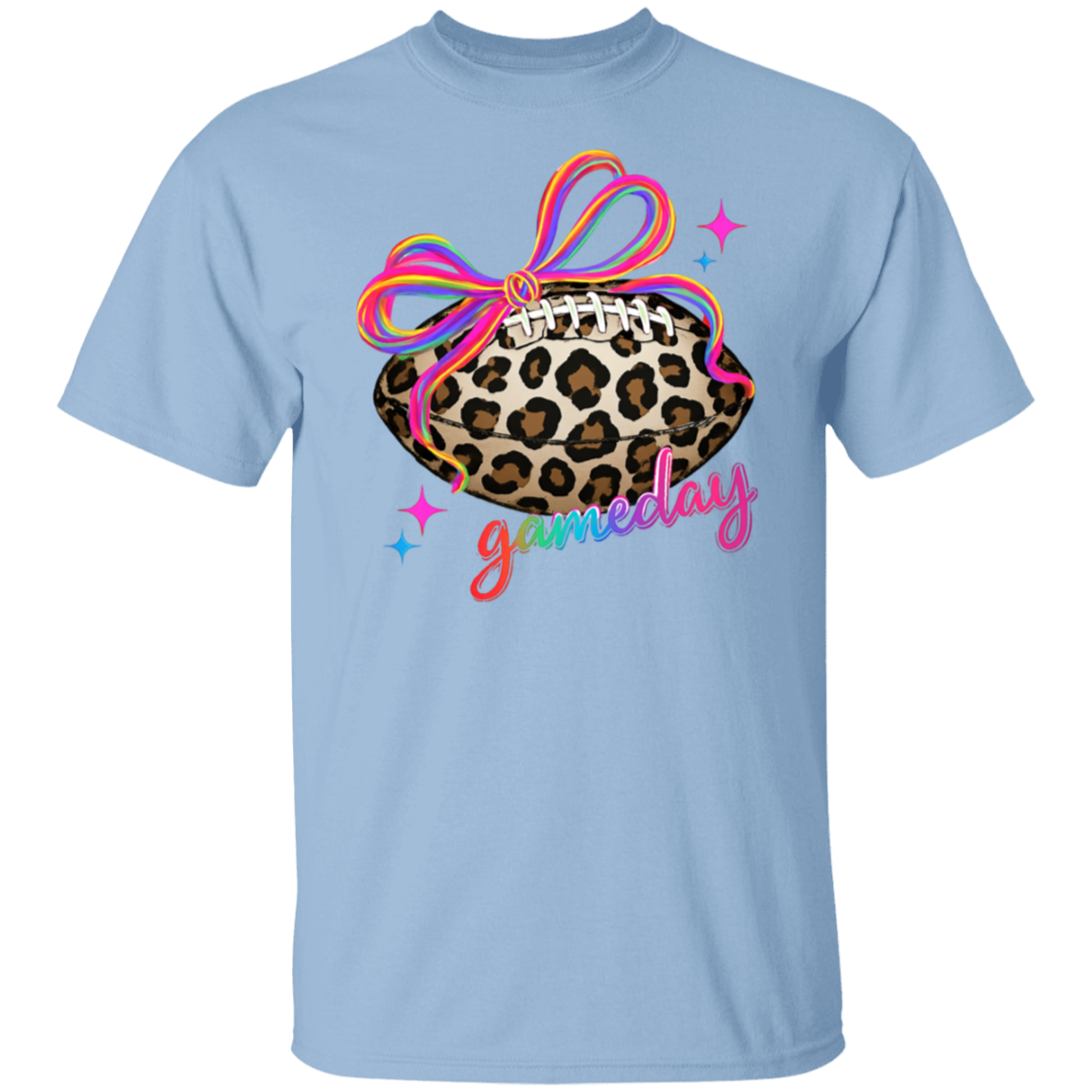 Women’s football season tee with leopard print football and rainbow bow"