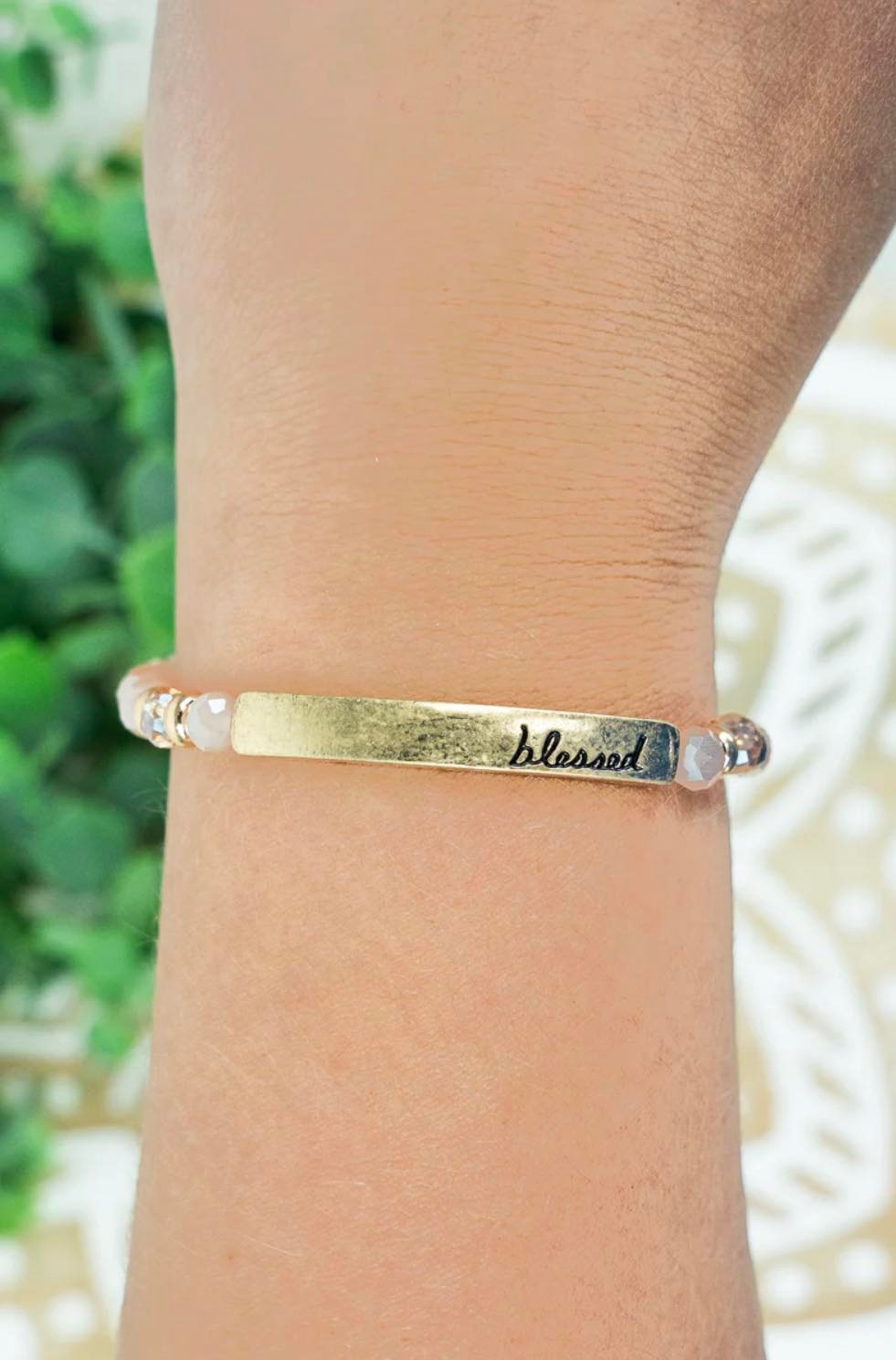 New Release Goldtone Blessed Bar Vintage Rose Beaded Bracelet - Heather's Heavenly Boutique