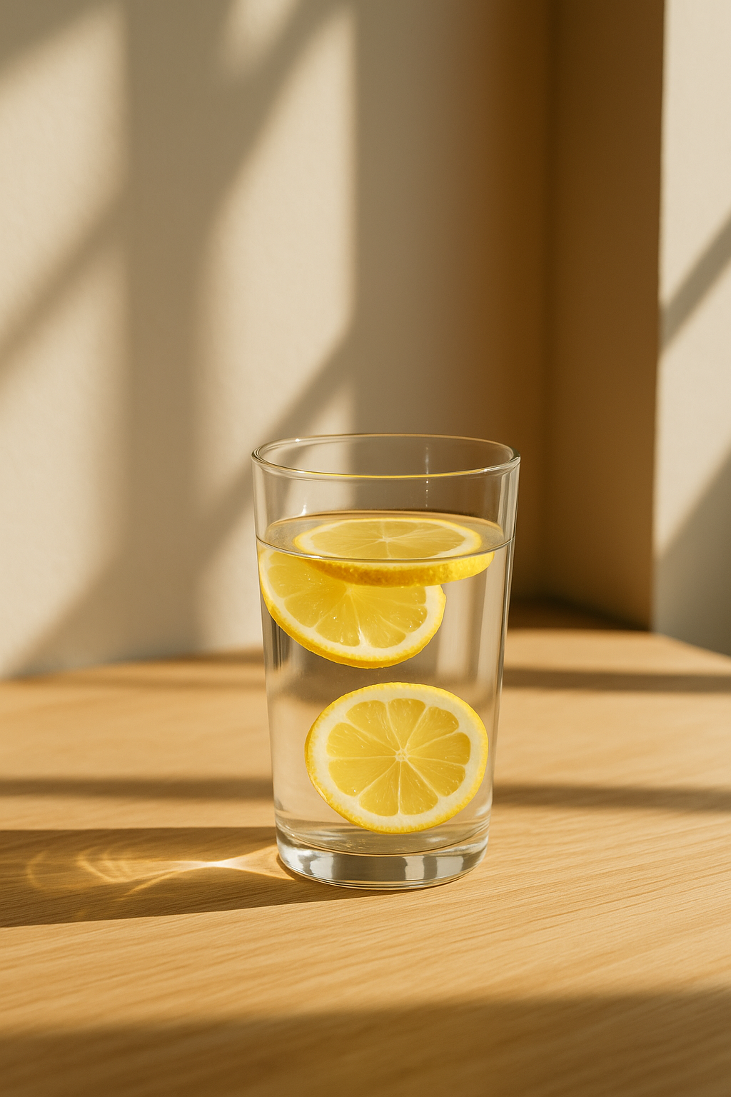 Glass of water with lemon on a wooden table for morning hydration habit.