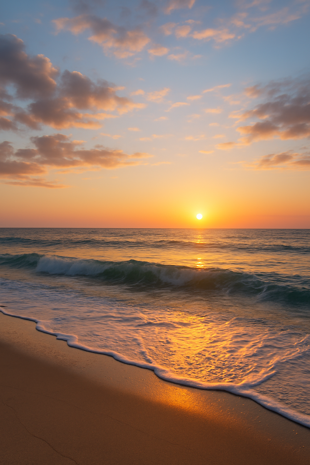 Peaceful beach at sunrise with golden and pink sky reflecting on calm ocean waves, serene morning coastal scene.