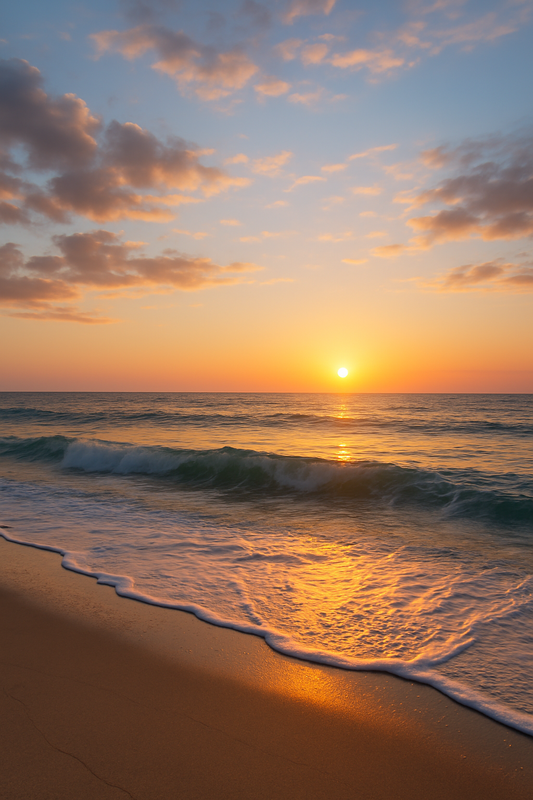 Peaceful beach at sunrise with golden and pink sky reflecting on calm ocean waves, serene morning coastal scene.