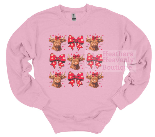 Cute Valentine's Day Highland Cow Sweatshirt with Bows 