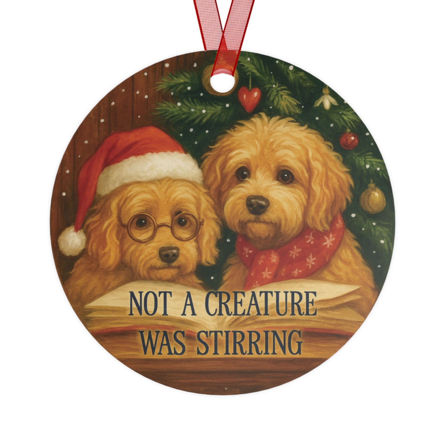 Golden Doodle Christmas Ornament – “Not a Creature Was Stirring” Holiday Decor, Cute Dog Lover Gift, Personalized Metal Ornament - Heather's Heavenly Boutique