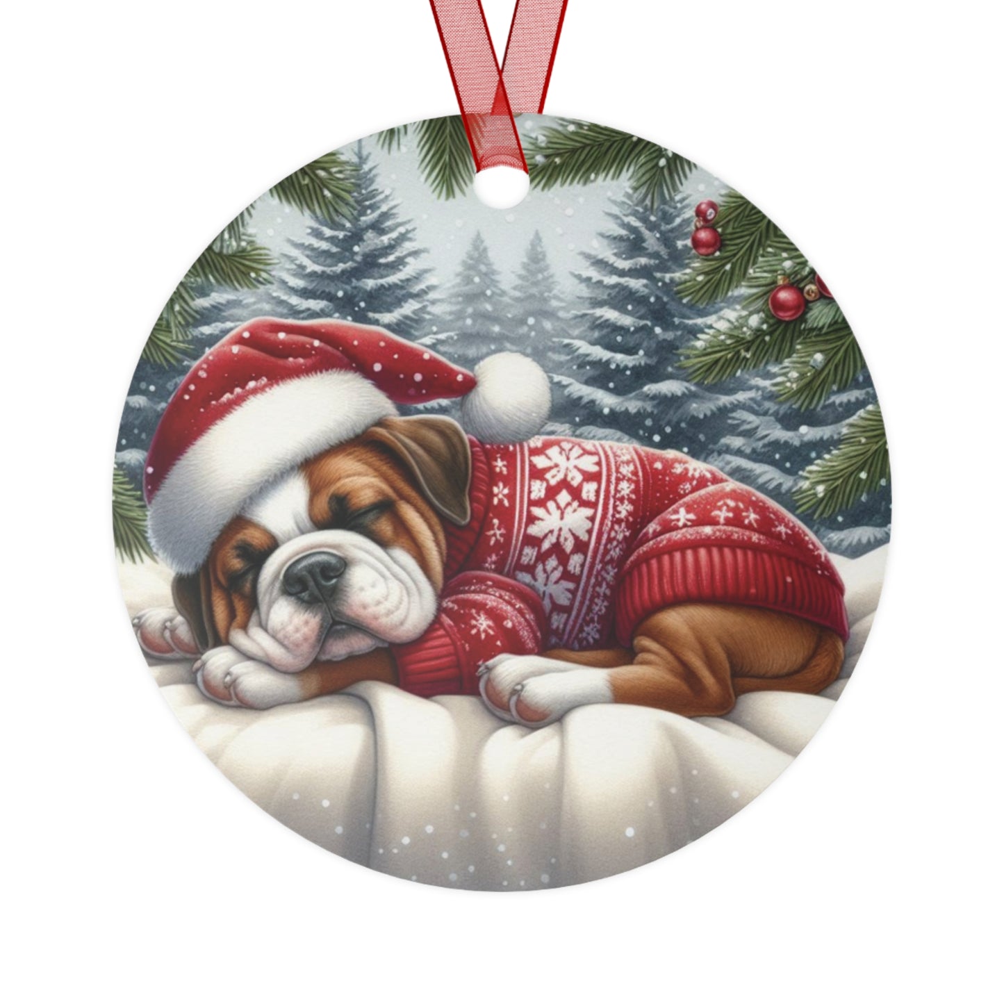 Sleeping Bulldog Christmas Ornament – Metal Holiday Dog Decor