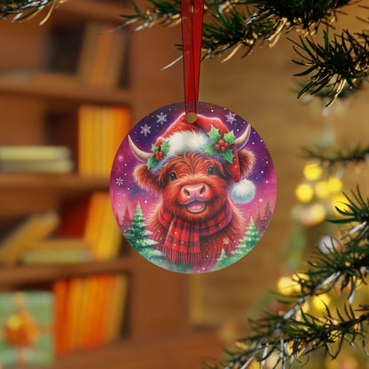 Highland Cow Christmas ornament with Santa hat and scarf, rustic farmhouse holiday decor metal ornament for tree.