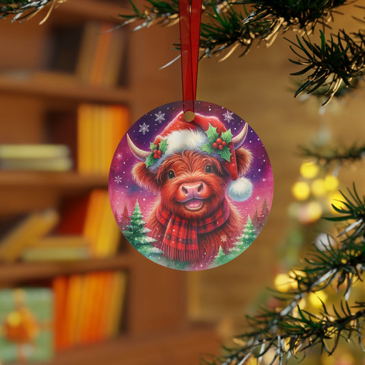 Highland Cow Christmas ornament with Santa hat and scarf, rustic farmhouse holiday decor metal ornament for tree.