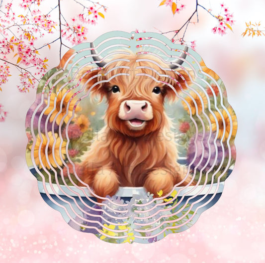 Highland Cow Sunflower Handmade Hanging Wind Spinner 8x8 - Heather's Heavenly Boutique