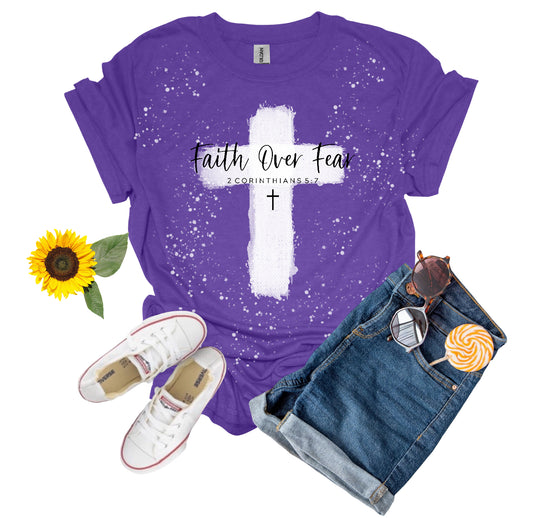 Bleached Cross Bible Verse Graphic T-Shirt - Faith Over Fear