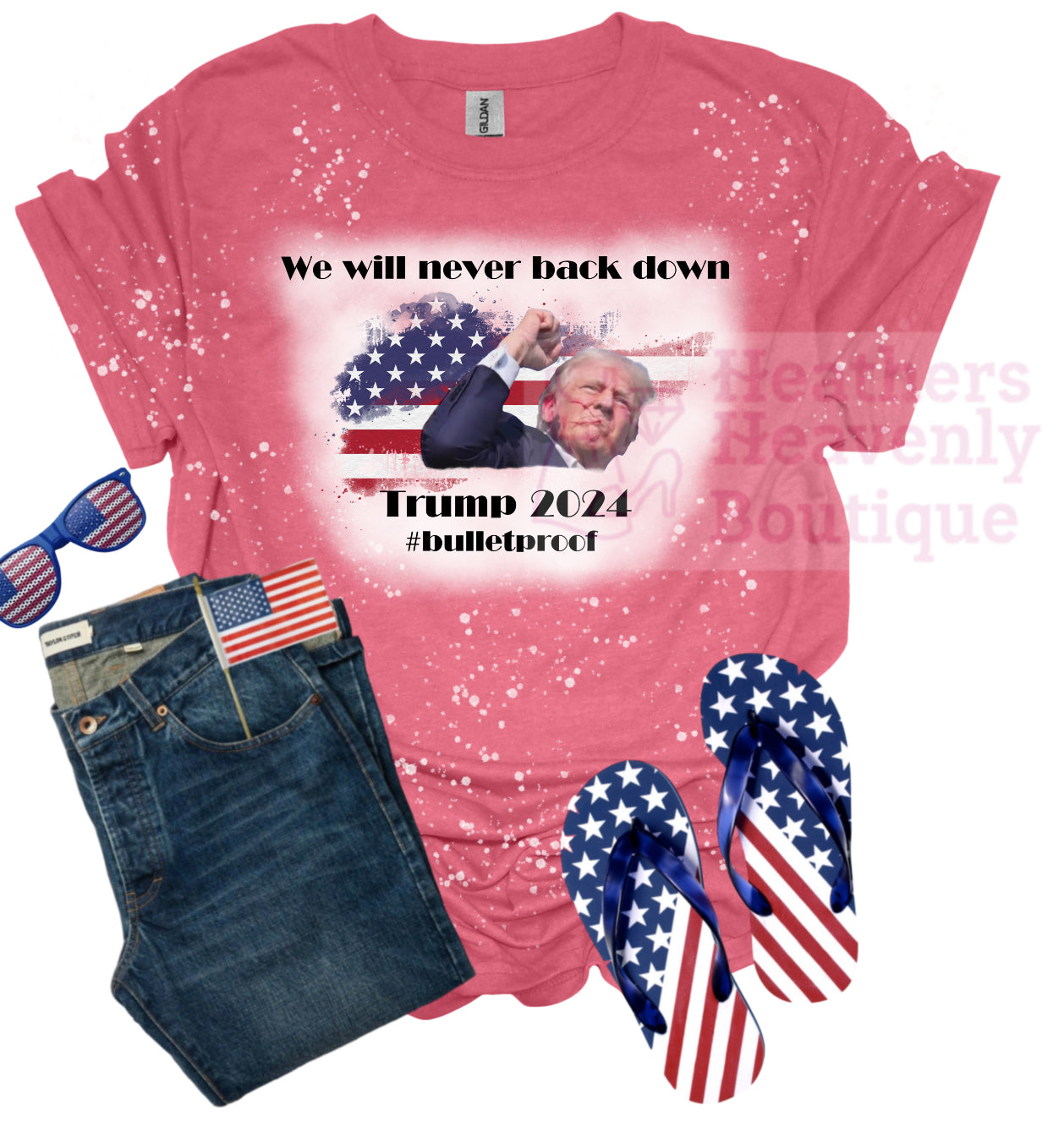 We Will Never Back Down Trump 2024 Bleached Tee