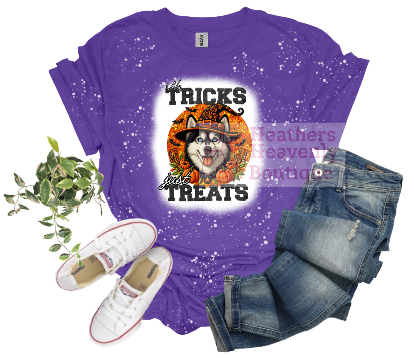 No Tricks Just Treats Halloween Husky Graphic Bleached T-Shirt