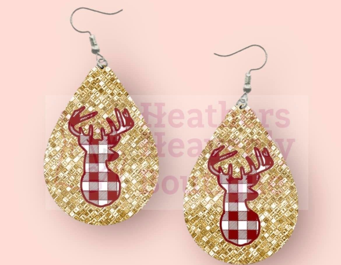 Reindeer Red Plaid Gold Sublimated Earrings - Heather's Heavenly Boutique