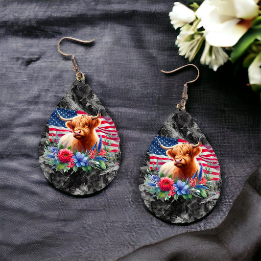 American Floral Highland Cow Earrings