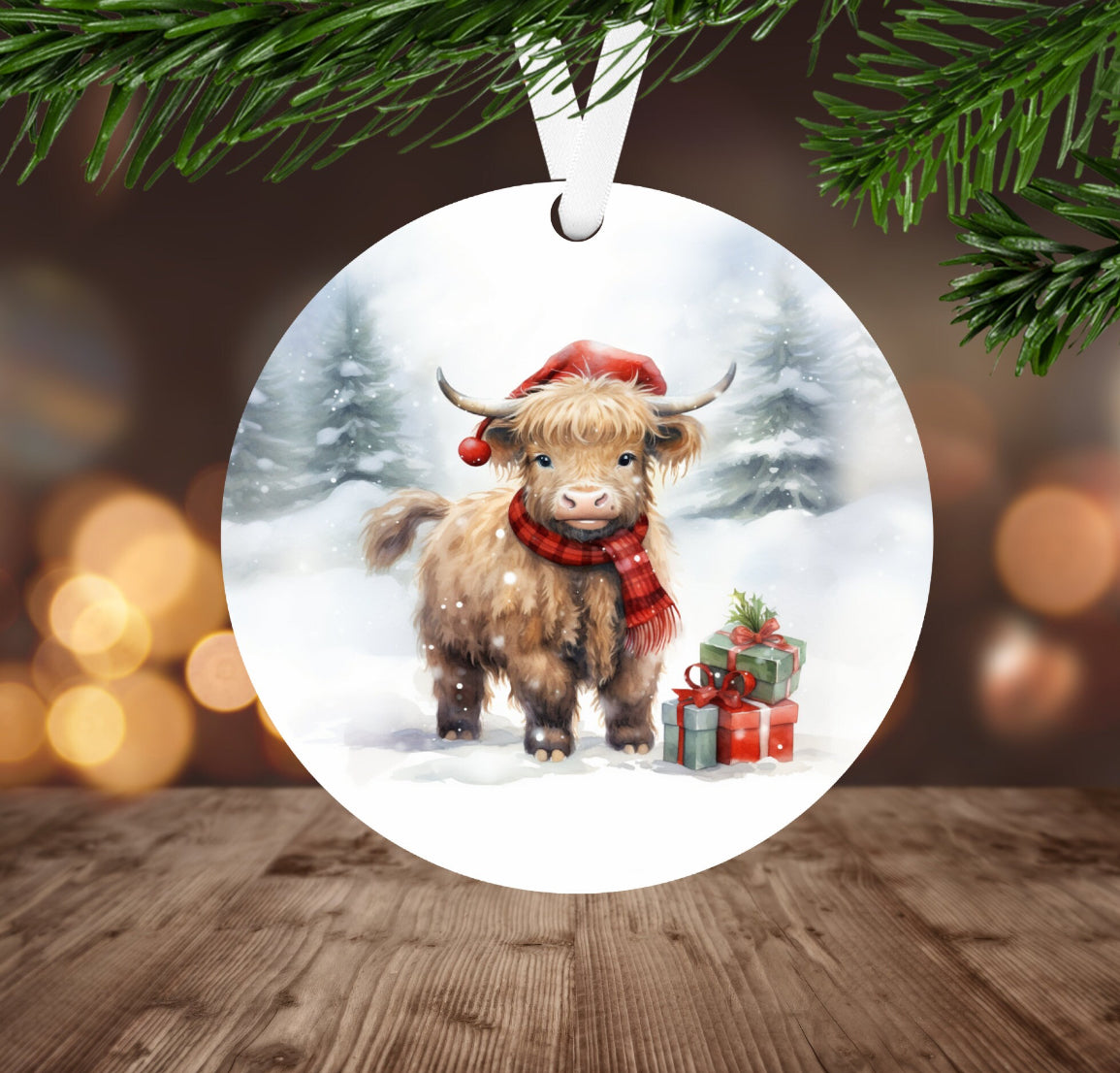 Handmade Wooden Christmas Ornament - Highland Cow In The Snow