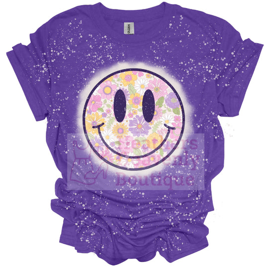 Purple Smiley Floral Bleached Graphic T-Shirt