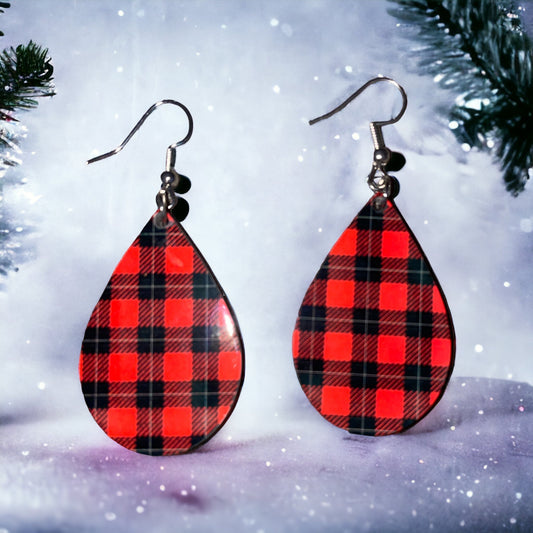 Handmade Sublimation Red Buffalo plaid ￼Teardrop Earrings - Heather's Heavenly Boutique