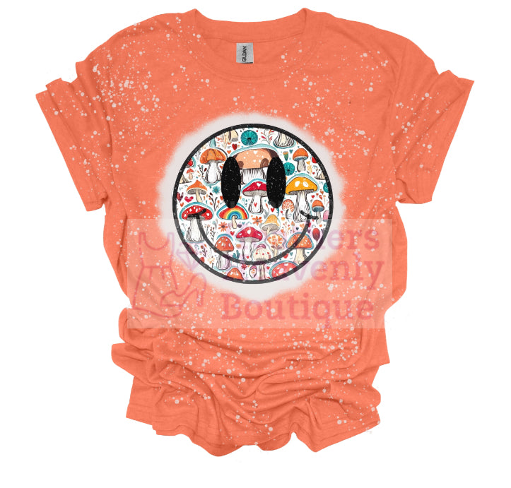 Orange Smiley Mushroom Bleached Graphic T-Shirt