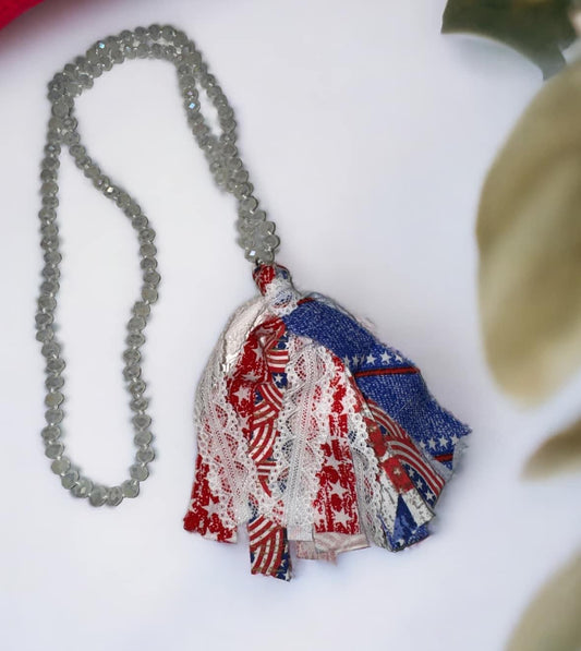 Independence Day Red White And Blue Messy Fabric Tassel Necklace crystal glass beads- Heather’s Heavenly Boutique 