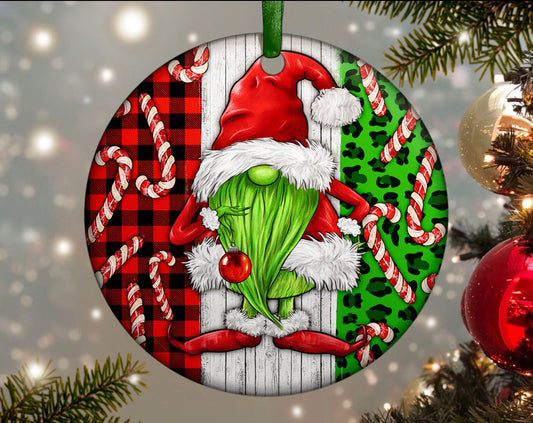 Handmade, sublimation grinch, gnome Christmas ornament - Heather's Heavenly Boutique