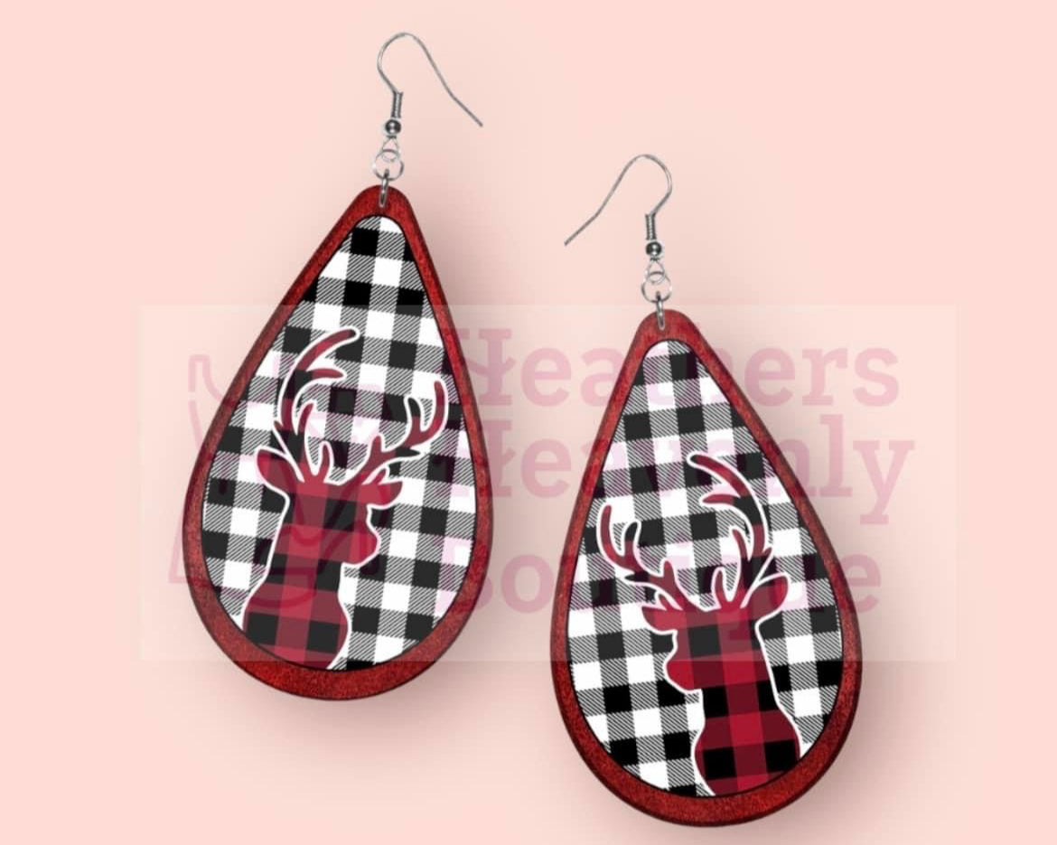 Reindeer Red and Black Plaid Teardrop Earrings - Heather's Heavenly Boutique