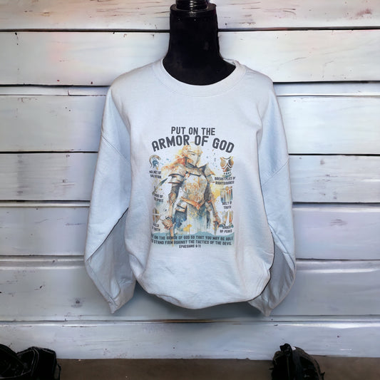 Armor Of God One Of a Kind Handmade Sublimated Sweatshirt Light Blue - Heather's Heavenly Boutique