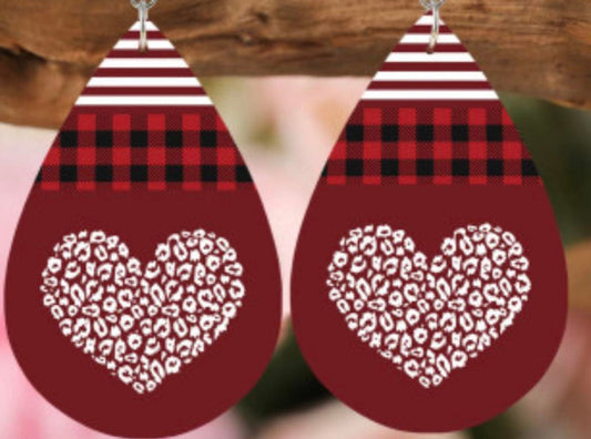 Valentine White Heart Wooden Teardrop Plaid Earrings - Heather's Heavenly Boutique