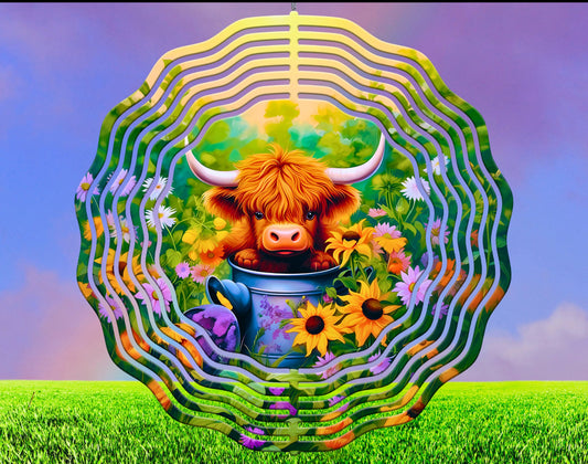 Highland Cow Floral in Bucket Hanging Handmade Wind Spinner 8x8 - Heather's Heavenly Boutique