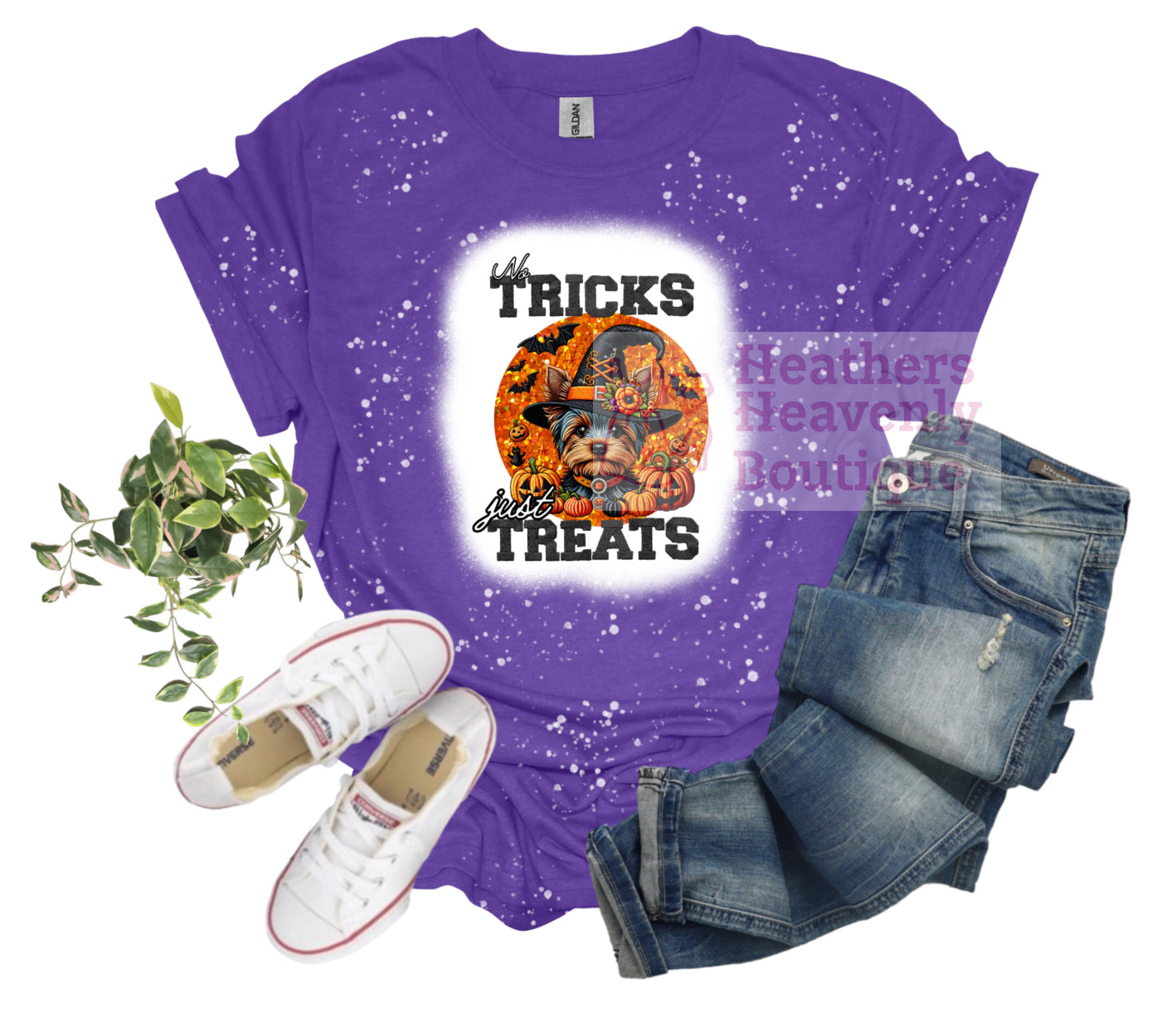 No Tricks Just Treats Halloween Yorkie Graphic Bleached T-Shirt