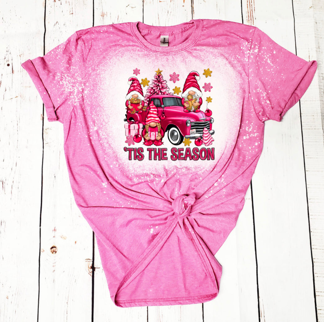Handmade Sublimated Tis The Season Pink Gnome Bleached T-Shirr - Heather's Heavenly Boutique
