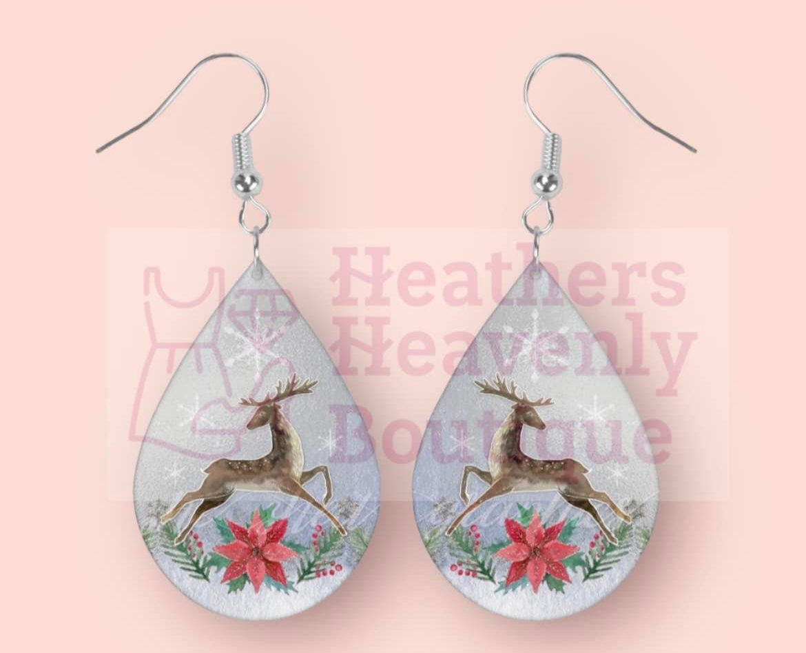Poinsettia Christmas Reindeer Sublimated Earrings ￼ - Heather's Heavenly Boutique