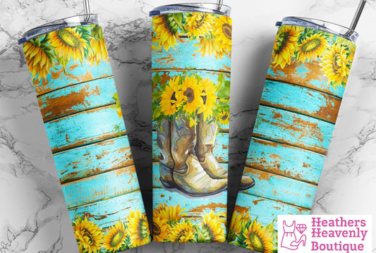 Wood Cowgirl Boots Sunflower Handmade Sublimation 20oz. Tumbler - Heather's Heavenly Boutique
