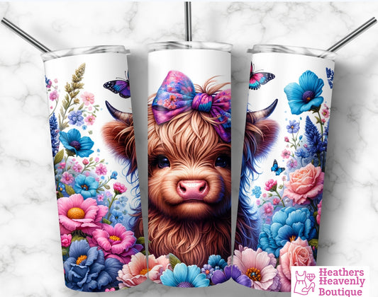 Cuteness Handmade Highland Cow Floral Tumbler 20oz. - Heather's Heavenly Boutique