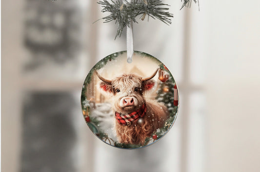 Handmade, sublimation highland cow Christmas ornament