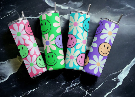 Colorful Smiley Face and Floral Tumbler 20oz