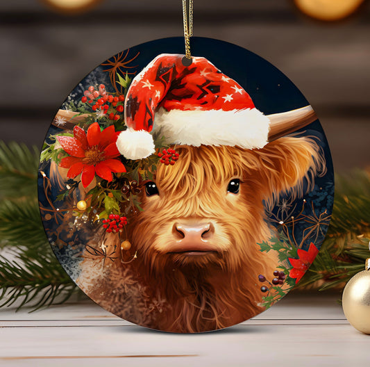 Baby Highland Cow Christmas Hat Handmade Sublimation Christmas Ornament - Heather's Heavenly Boutique