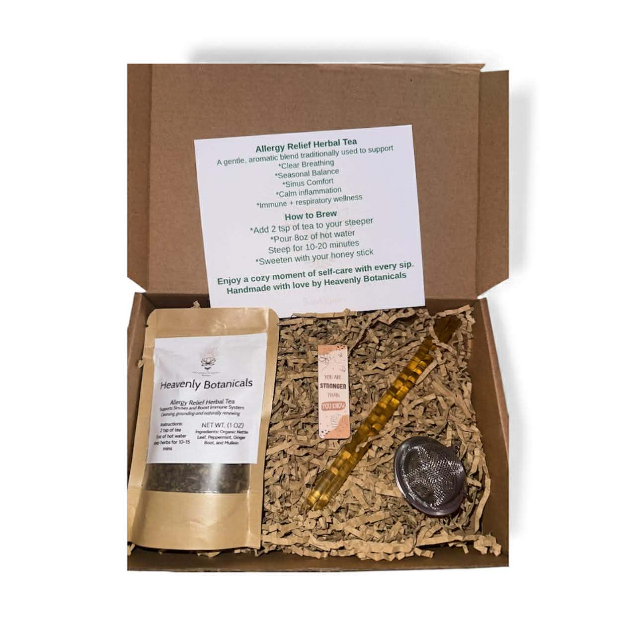 Allergy Relief Tea Gift Box with herbal tea, honey sticks, tea steeper and bookmark