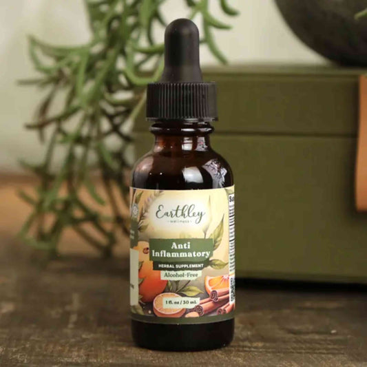 Earthley Anti-Inflammatory Herbal Tincture – natural alcohol-free liquid supplement with turmeric, cinnamon, and cloves for inflammation, pain relief, and joint support.