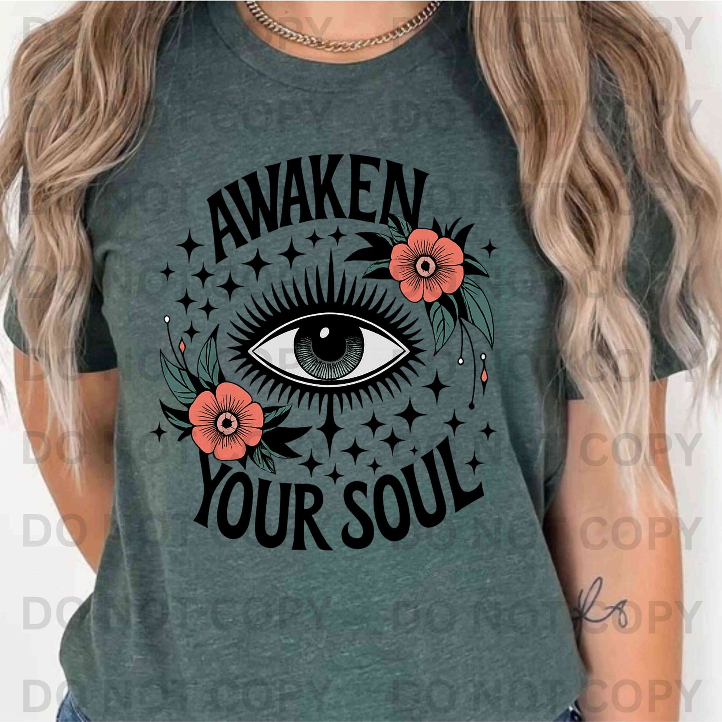Awaken Your Soul spiritual graphic T-shirt on Gildan cotton, featuring all-seeing eye with floral and star design – unisex spiritual and meditation tee.