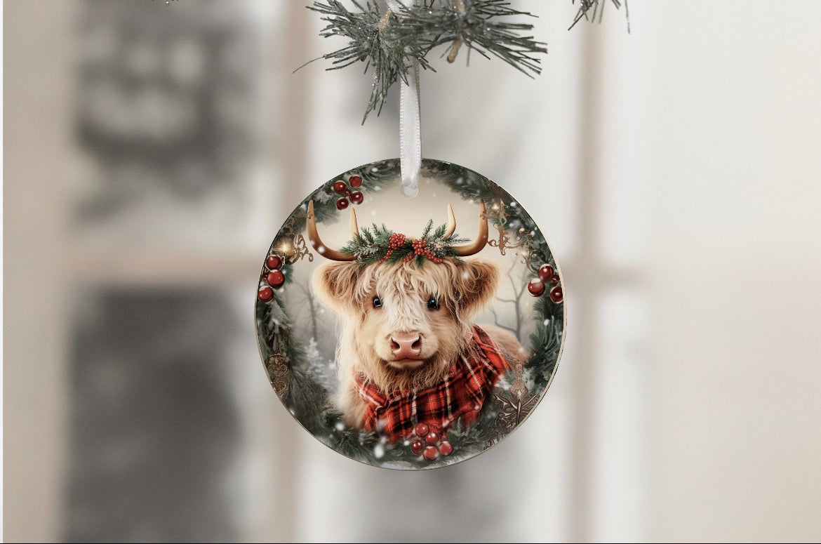Handmade sublimation, highland cow Christmas ornament ￼ - Heather's Heavenly Boutique